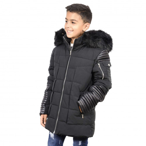 Doudoune pour enfant avec simili cuir ref:BK-17015KA noir